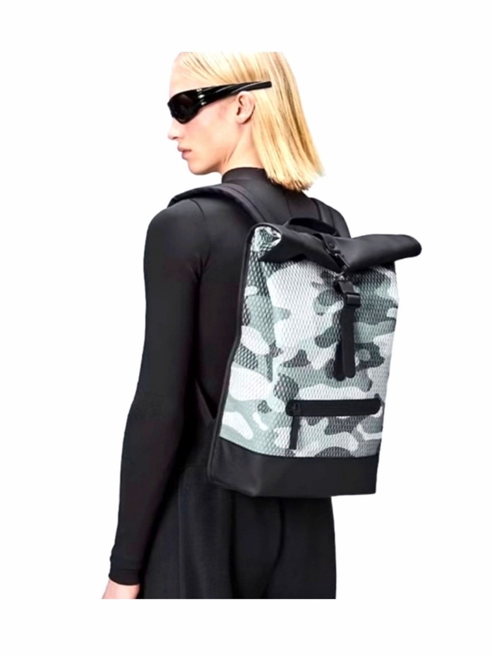 NWOT•Rains Black & Gray Camo Roll-Top Backpack•MSRP $155
